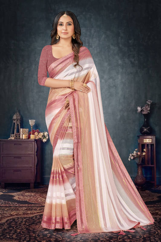 Sitanjali Lifestyle Chiffon Striped Saree With Unstitched Blouse Piece ( Peach ) Sitanjali Lifestyle Chiffon Striped Saree With Unstitched Blouse Piece ( Peach )