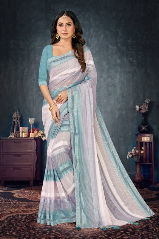 Sitanjali Chiffon Striped Saree With Unstitched Blouse Piece ( SkyBlue ) Sitanjali Chiffon Striped Saree With Unstitched Blouse Piece ( SkyBlue )