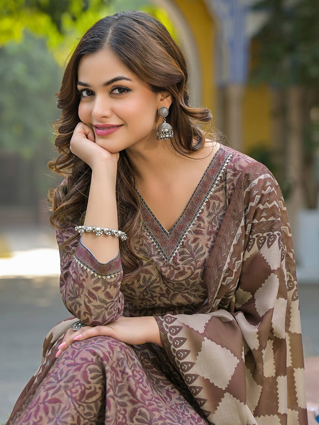     			Vaamsi Rayon Printed Kurti With Pants Women's Stitched Salwar Suit - Brown ( Pack of 1 )