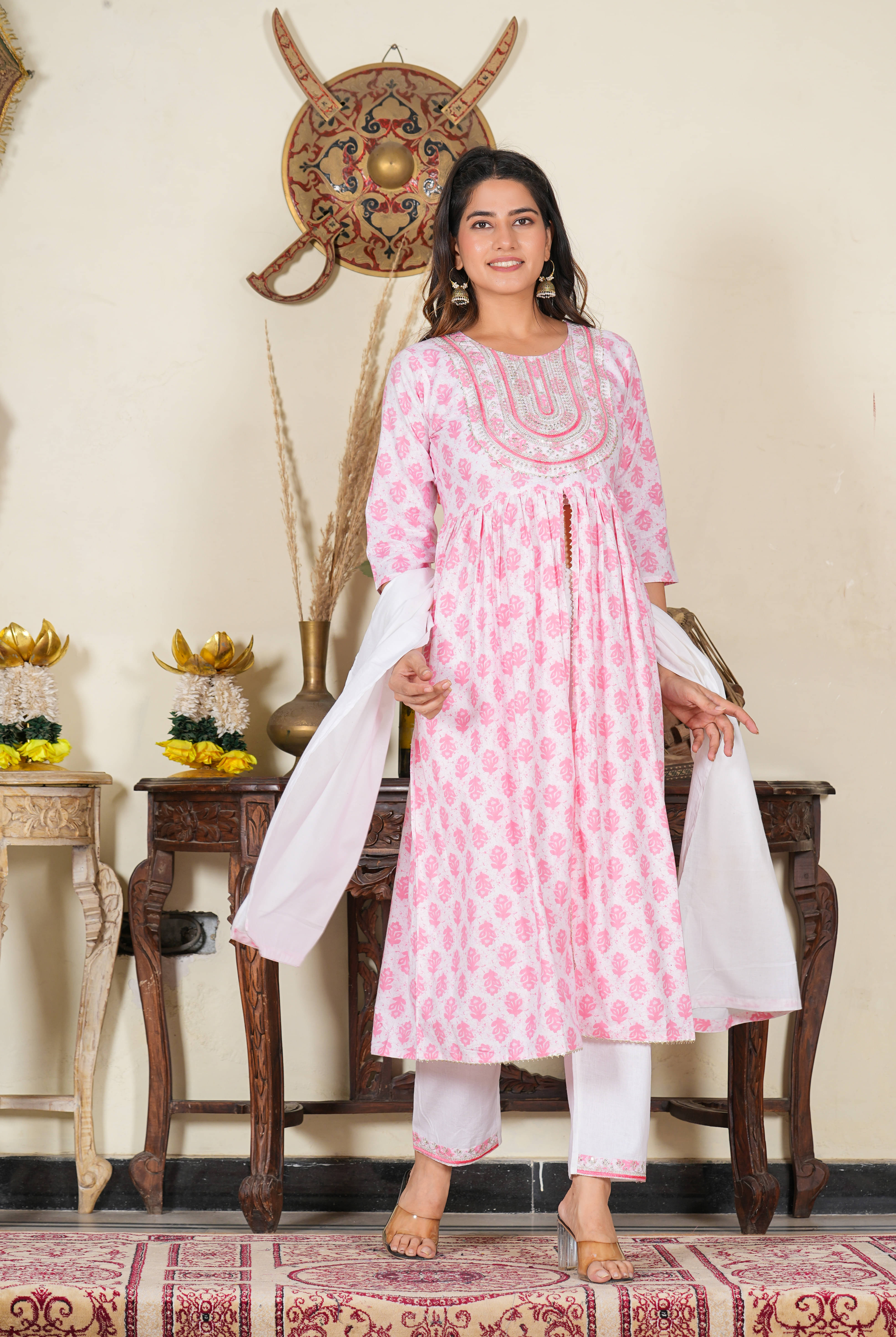     			Yash Gallery Cotton Printed Kurti With Pants Women's Stitched Salwar Suit - Pink ( Pack of 1 )