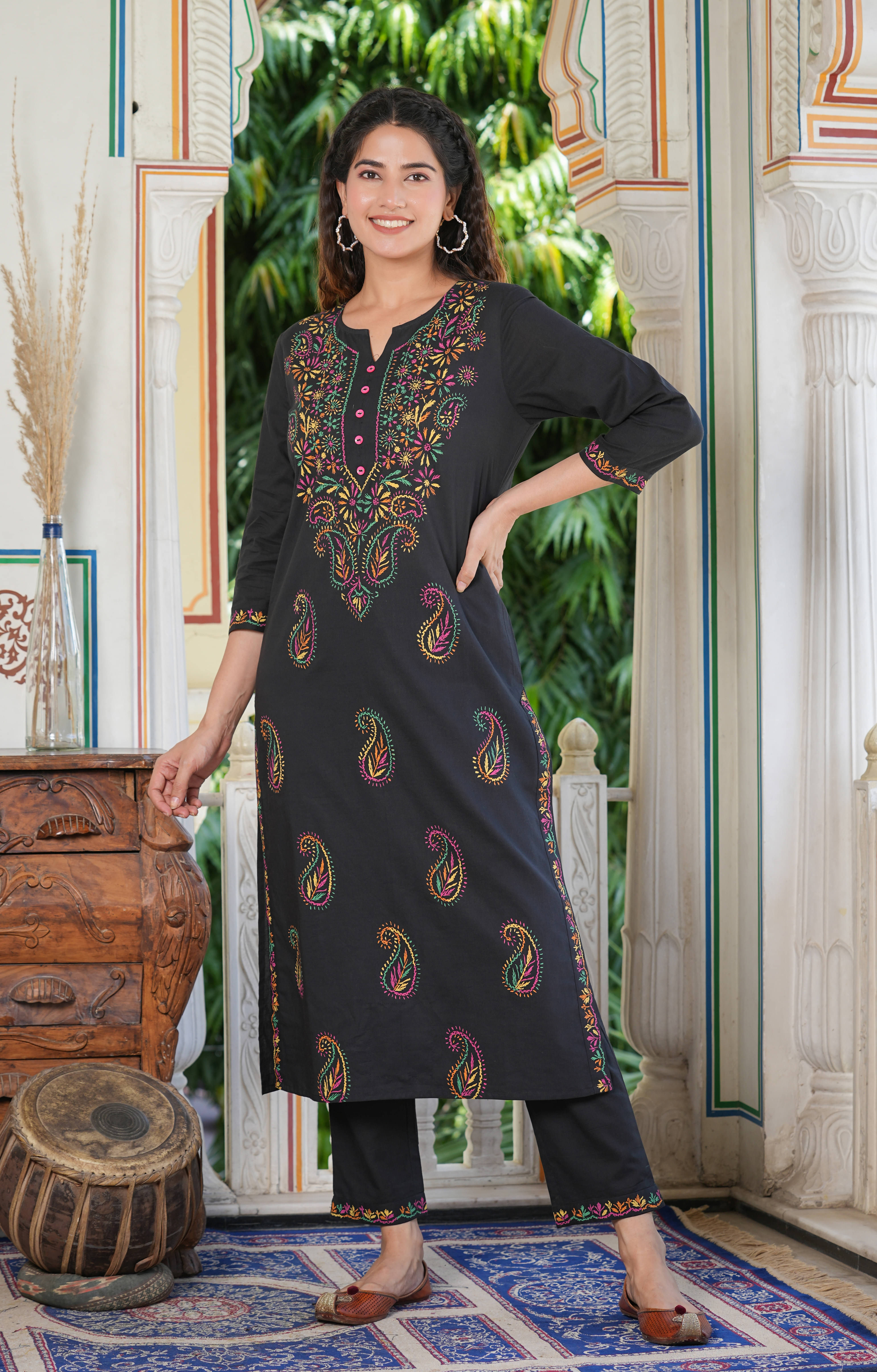     			Yash Gallery Cotton Printed Kurti With Pants Women's Stitched Salwar Suit - Black ( Pack of 1 )