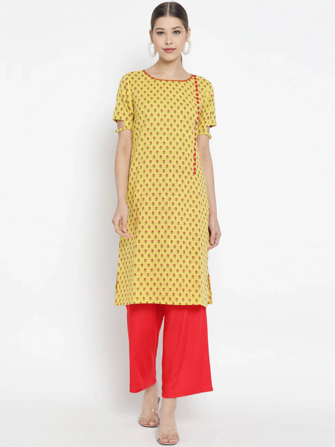 Yash Gallery Cotton Printed Kurti With Palazzo Women's Stitched Salwar Suit - Yellow ( Pack of 1 ) Yash Gallery Cotton Printed Kurti With Palazzo Women's Stitched Salwar Suit - Yellow ( Pack of 1 )