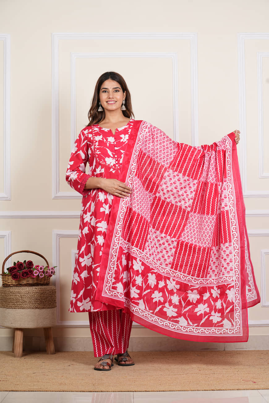 Yash Gallery Cotton Printed Kurti With Pants Women's Stitched Salwar Suit - Red ( Pack of 1 )