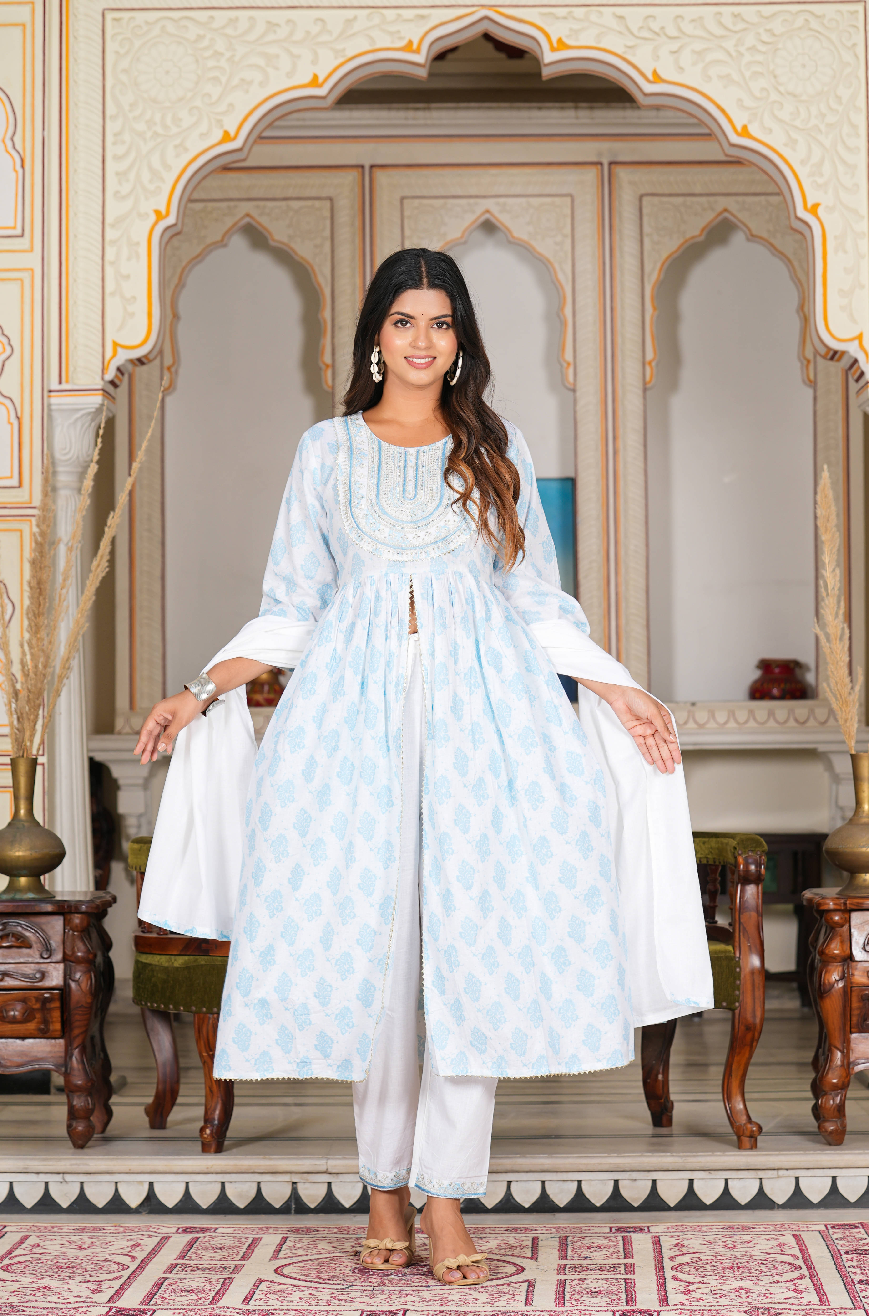     			Yash Gallery Cotton Printed Kurti With Pants Women's Stitched Salwar Suit - White ( Pack of 1 )