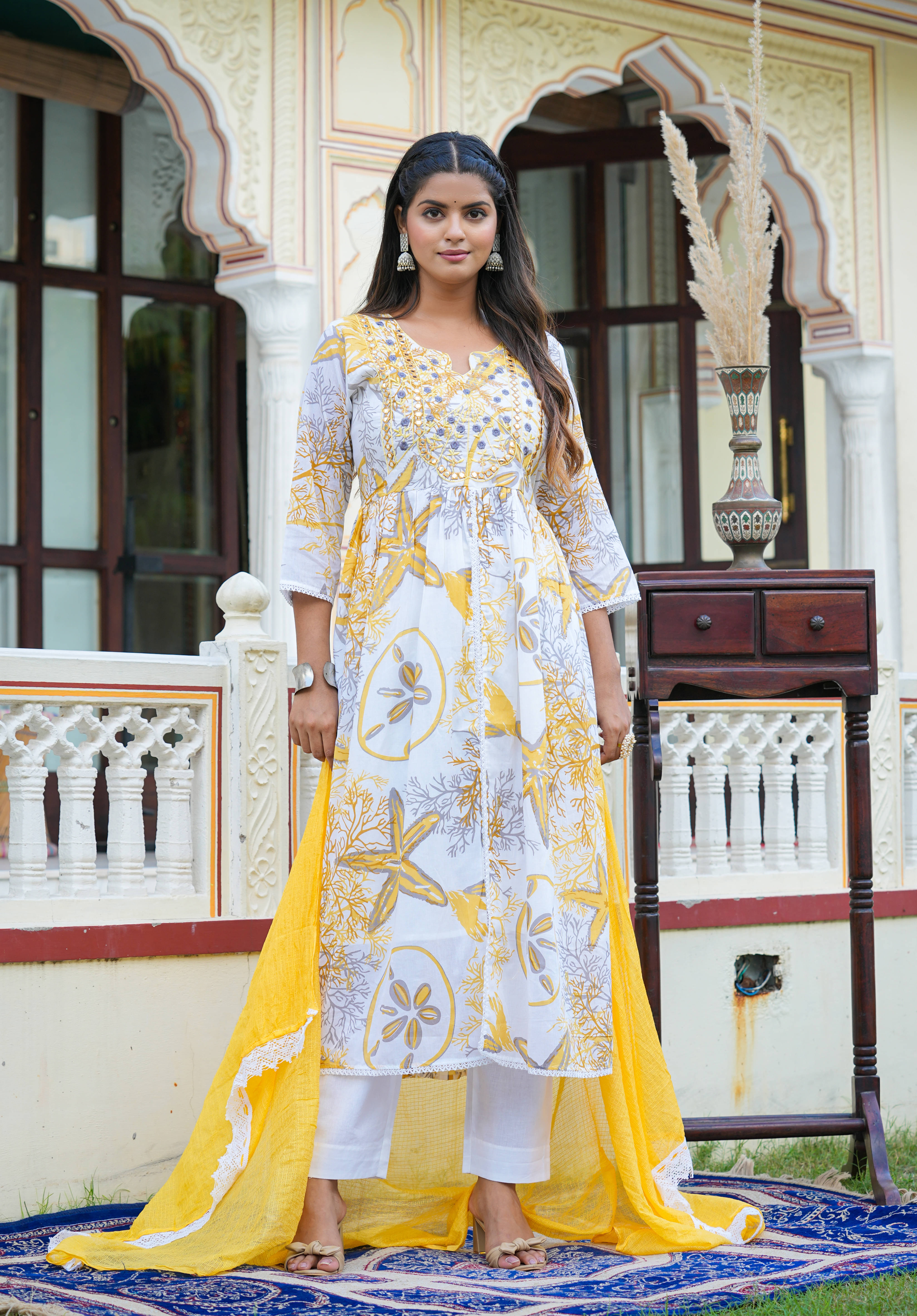     			Yash Gallery Cotton Printed Kurti With Pants Women's Stitched Salwar Suit - Yellow ( Pack of 1 )