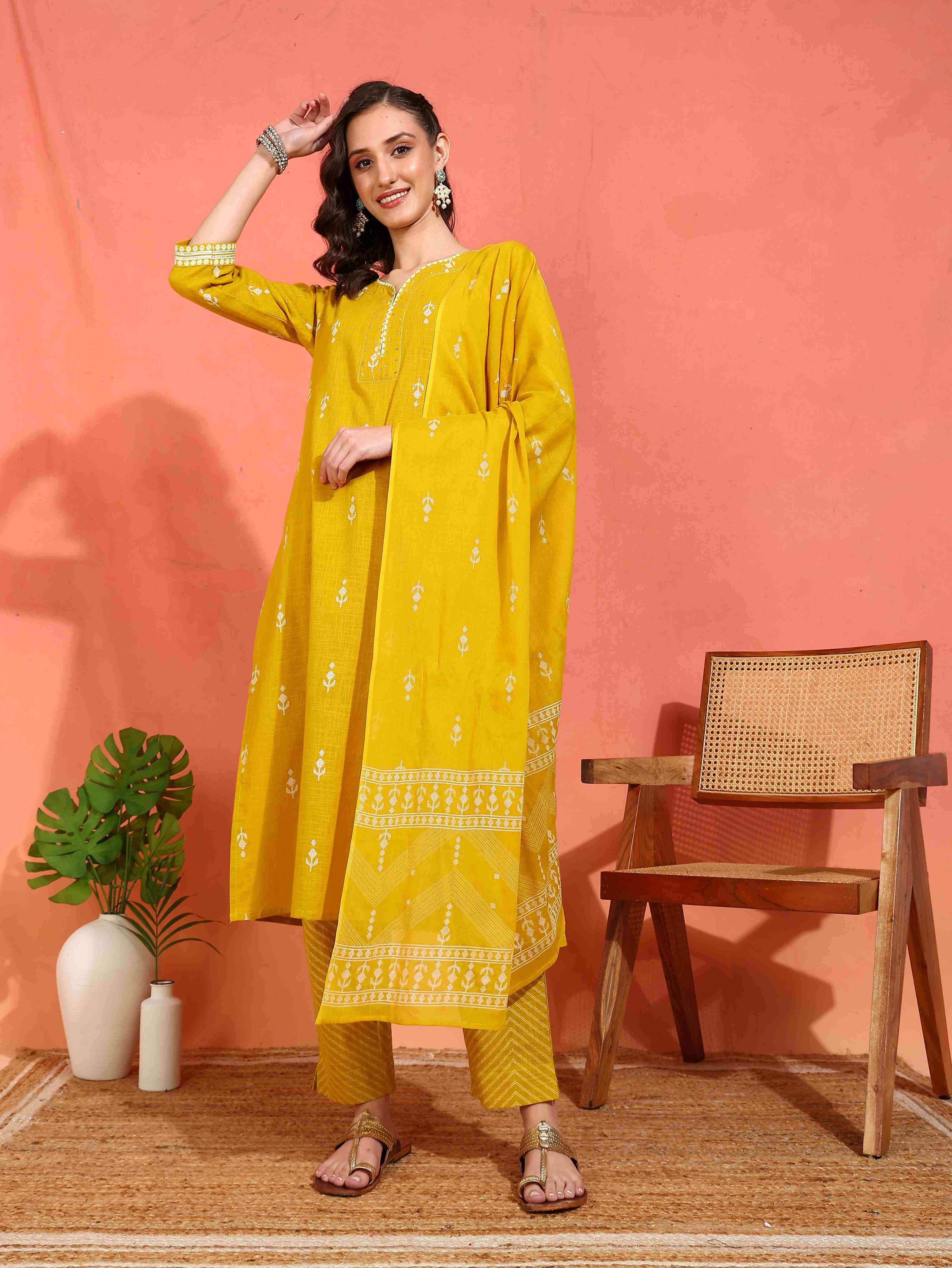 Yash Gallery Cotton Printed Kurti With Pants Women's Stitched Salwar Suit - Mustard ( Pack of 1 ) Yash Gallery Cotton Printed Kurti With Pants Women's Stitched Salwar Suit - Mustard ( Pack of 1 )
