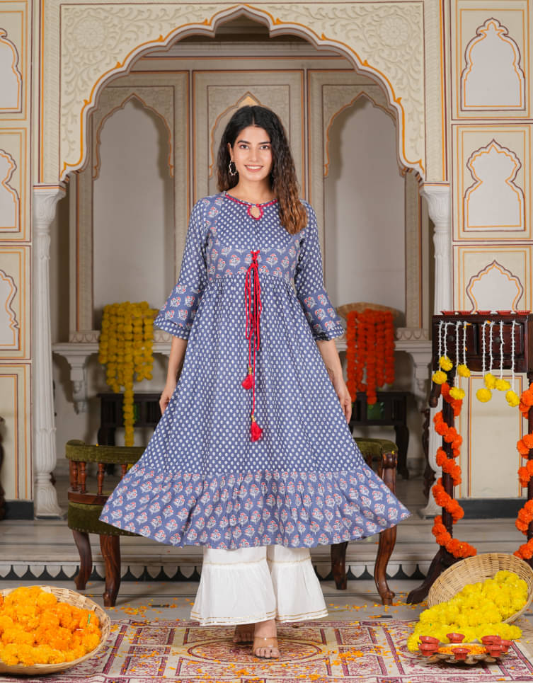 Yash Gallery Pack of 1 Rayon Printed Anarkali Women's Kurti - ( Grey ) Yash Gallery Pack of 1 Rayon Printed Anarkali Women's Kurti - ( Grey )