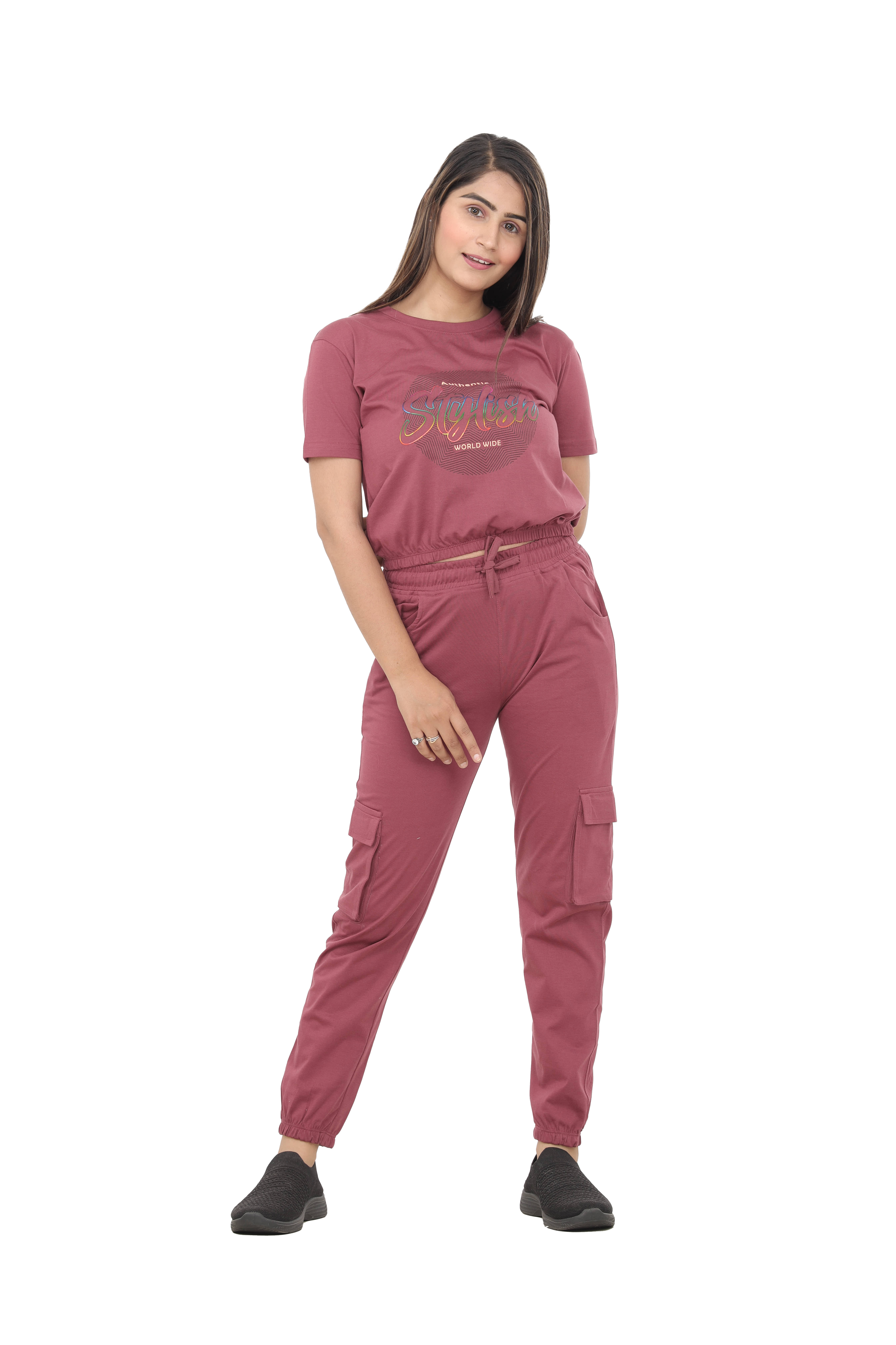 just love Women Printed Top With Joggers Co-Ord Set ( Wine )