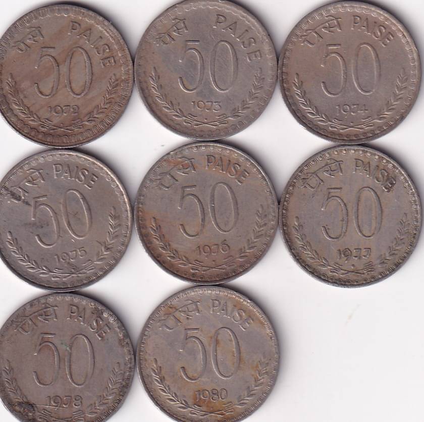     			8 DIFFERENT DATES 50 PAISE OLD VARIETY RARE SET INDIA