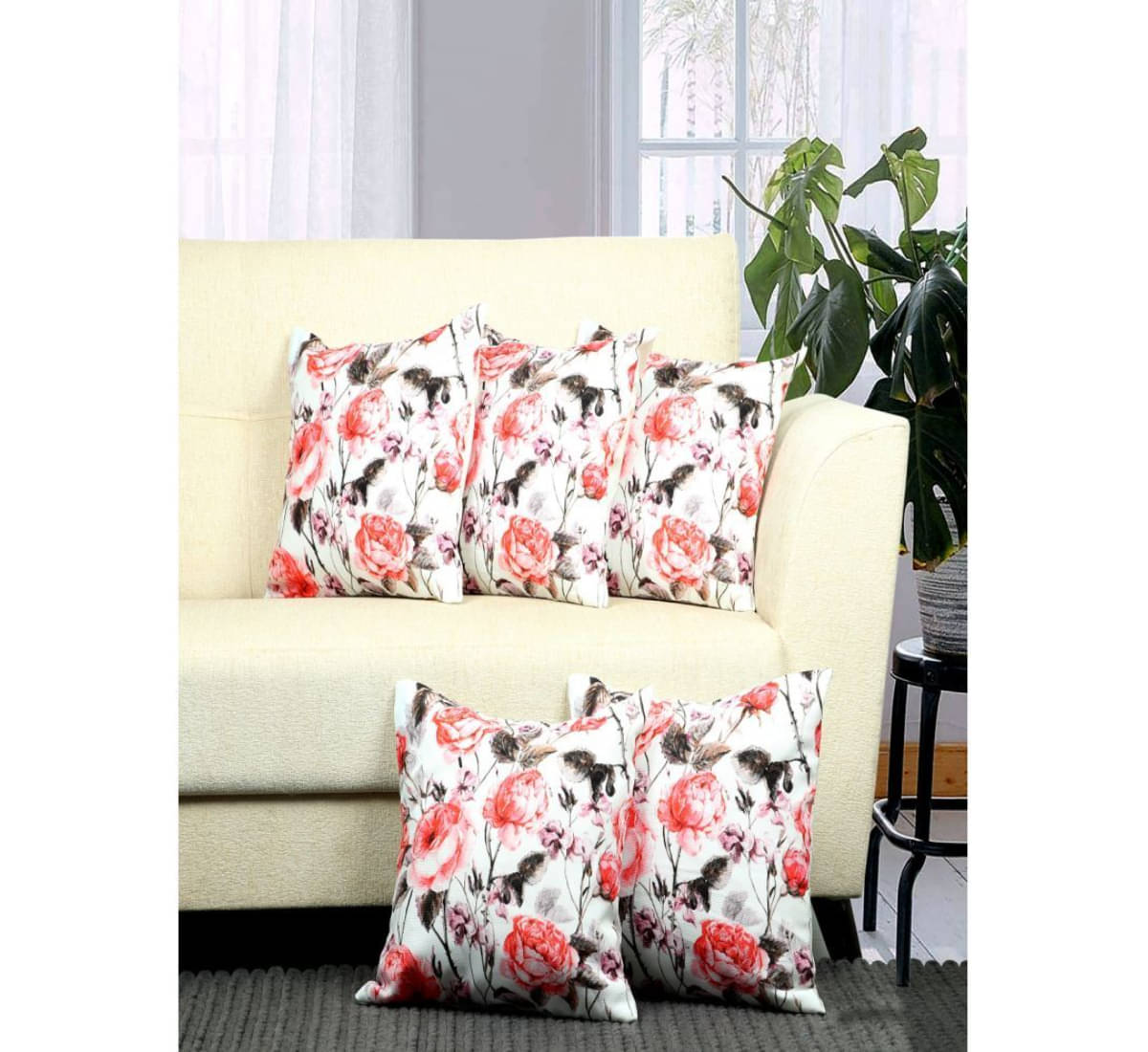     			BELLA TRUE Set of 5 Polyester Floral Printed Square Cushion Cover (40X40)cm - Multicolor