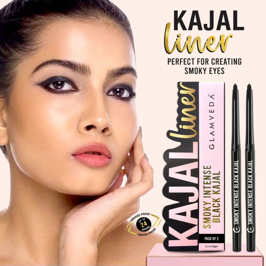 Glamveda Pencil Smoky Intense Black Kajal Liner24-Hour Long Stay, Waterproof, Smudgeproof, 0.7 each (Pack of 2) - Makeup - Eyes | Buy online on ZillyBuy