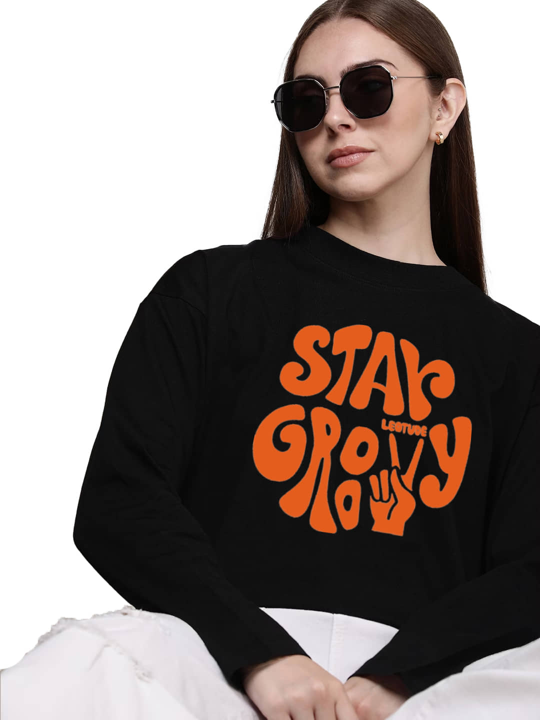 Leotude Women Cotton Blend Printed Oversized Fit Round Neck T-Shirt ( Black )