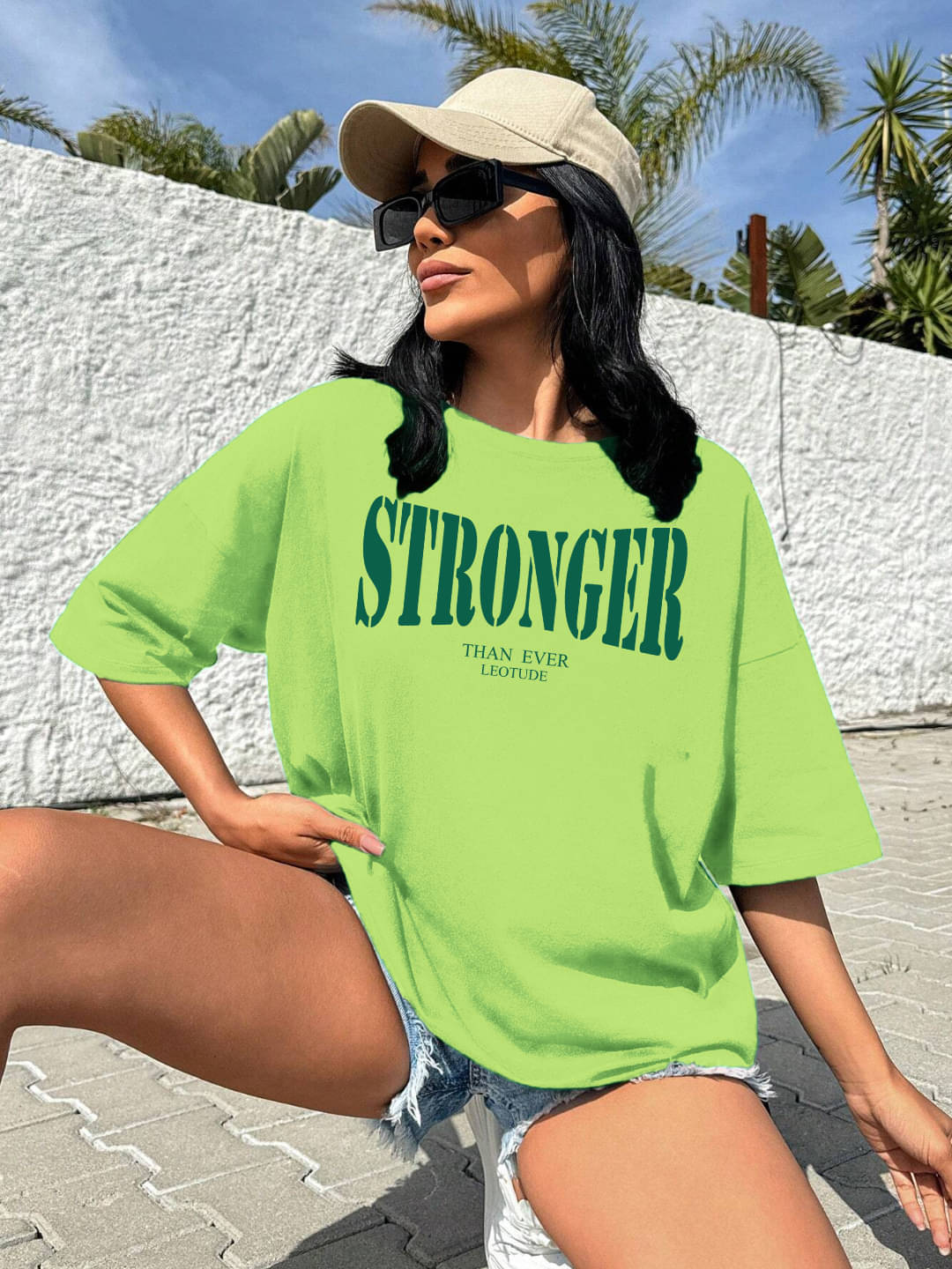     			Leotude Women Cotton Blend Printed Oversized Fit Round Neck T-Shirt ( Green )