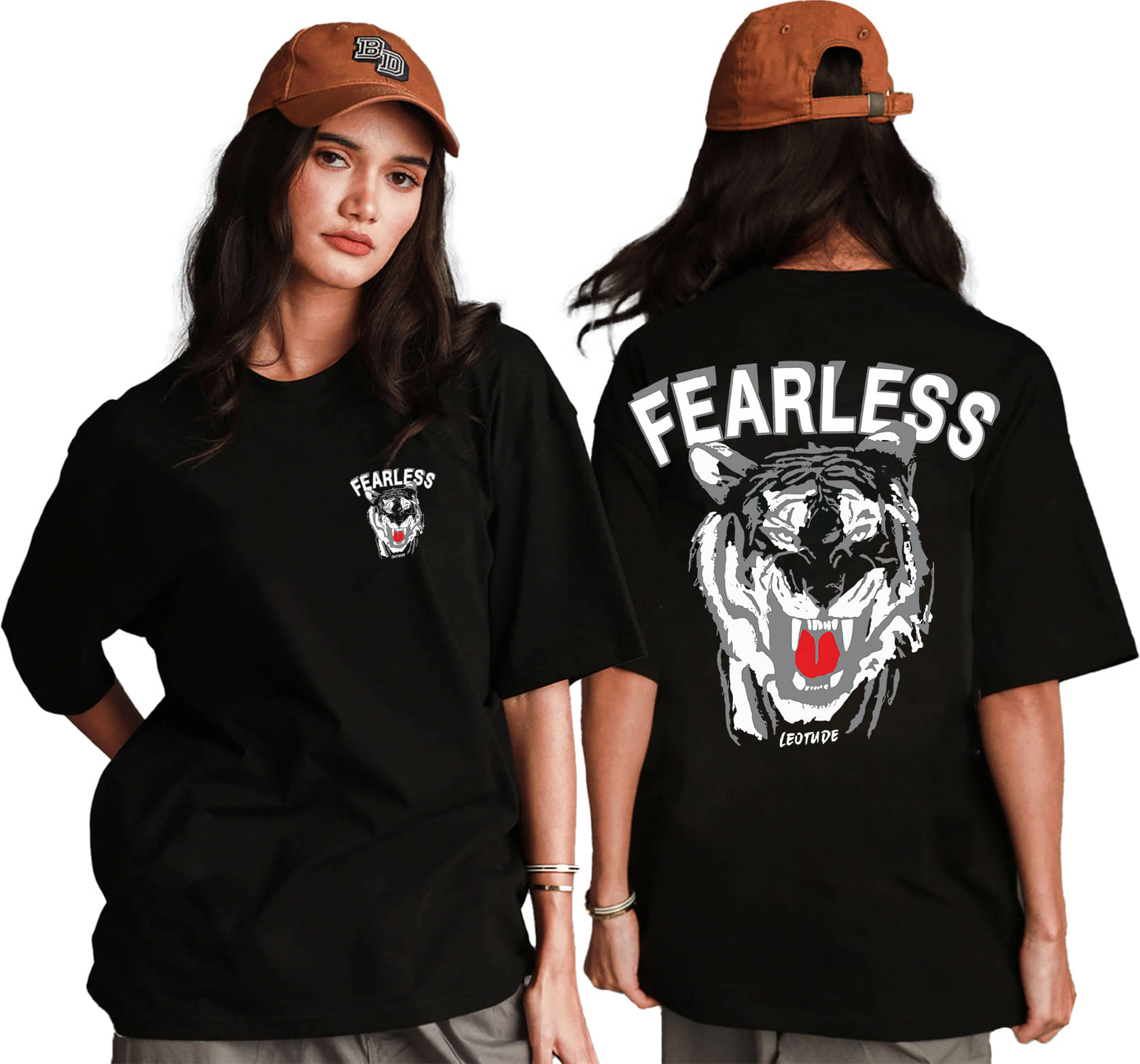    			Leotude Women Cotton Blend Printed Oversized Fit Round Neck T-Shirt ( Black )