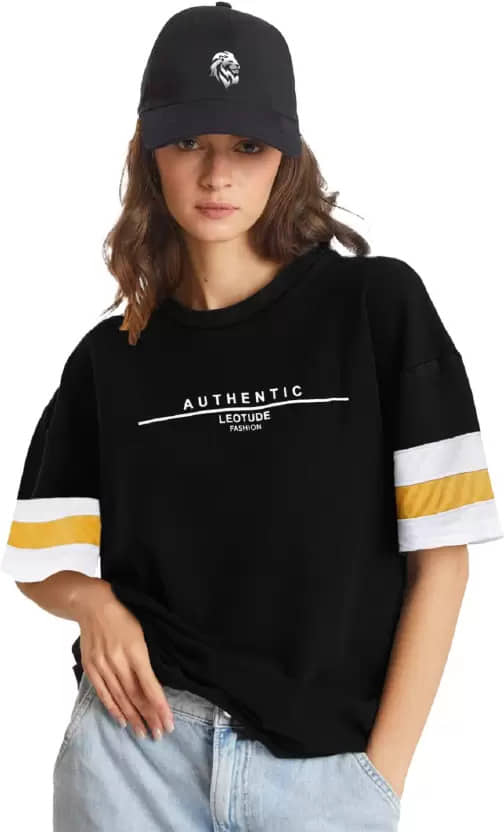 Leotude Women Cotton Blend Printed Oversized Fit Round Neck T-Shirt ( Black )
