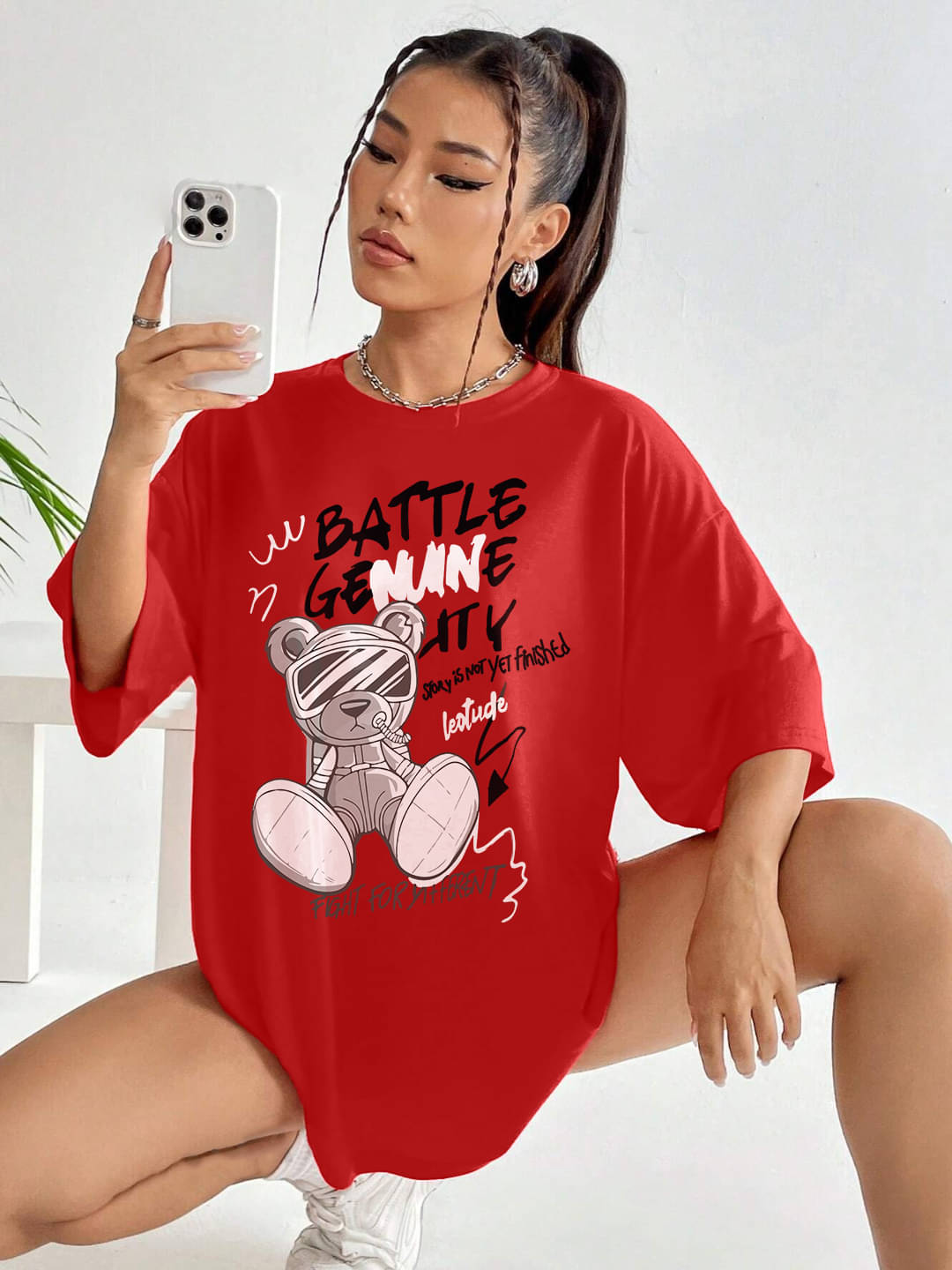     			Leotude Women Cotton Blend Printed Oversized Fit Round Neck T-Shirt ( Red )