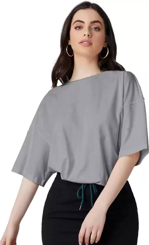     			Leotude Women Cotton Blend Solid Oversized Fit Round Neck T-Shirt ( Grey )