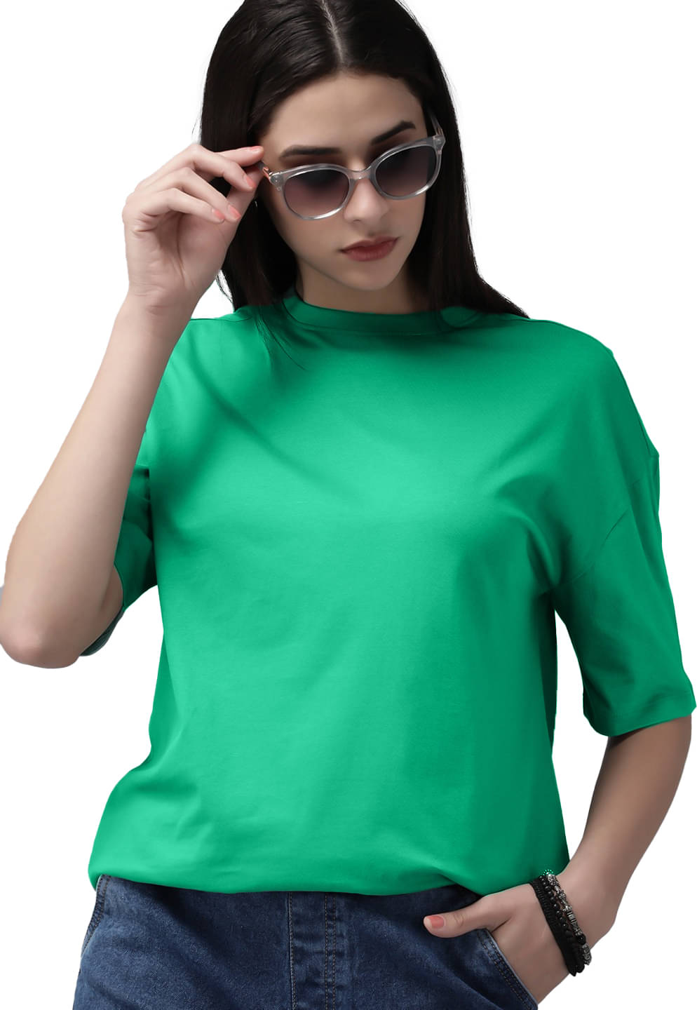     			Leotude Women Cotton Blend Solid Oversized Fit Round Neck T-Shirt ( Green )