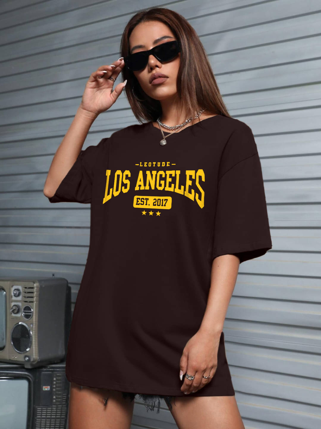 Leotude Women Cotton Blend Printed Oversized Fit Round Neck T-Shirt ( Brown )     			Leotude Women Cotton Blend Printed Oversized Fit Round Neck T-Shirt ( Brown )