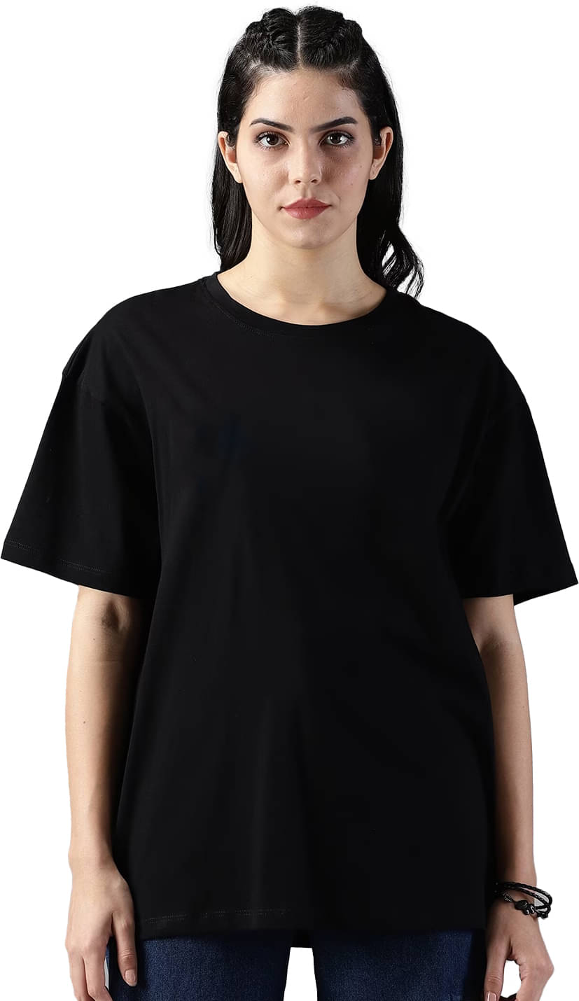 Leotude Women Cotton Blend Solid Oversized Fit Round Neck T-Shirt ( Black )     			Leotude Women Cotton Blend Solid Oversized Fit Round Neck T-Shirt ( Black )
