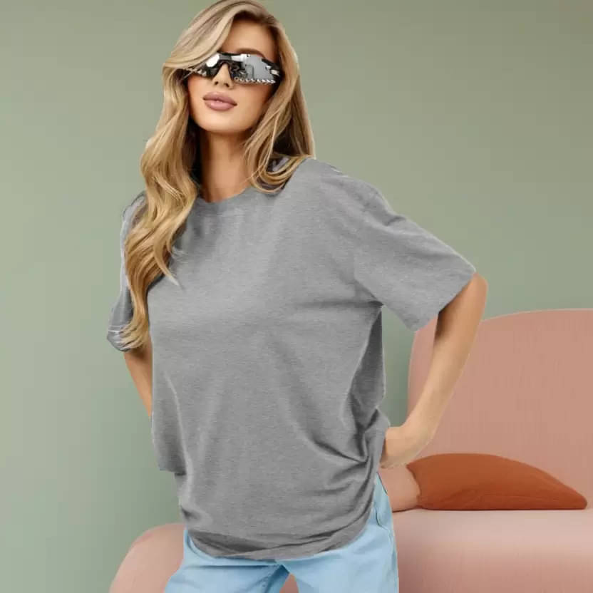     			Leotude Women Cotton Blend Solid Oversized Fit Round Neck T-Shirt ( Grey )