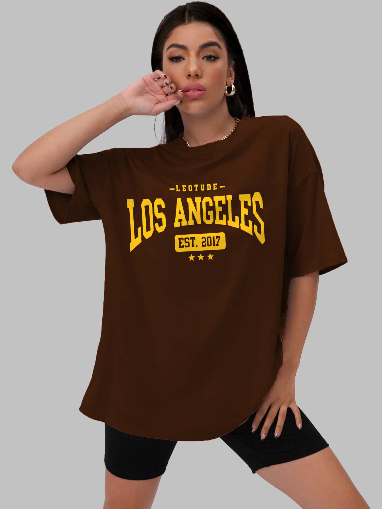 Leotude Women Cotton Blend Printed Oversized Fit Round Neck T-Shirt ( Brown ) Leotude Women Cotton Blend Printed Oversized Fit Round Neck T-Shirt ( Brown )