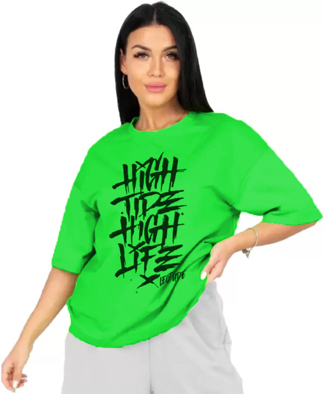     			Leotude Women Cotton Blend Printed Oversized Fit Round Neck T-Shirt ( Green )
