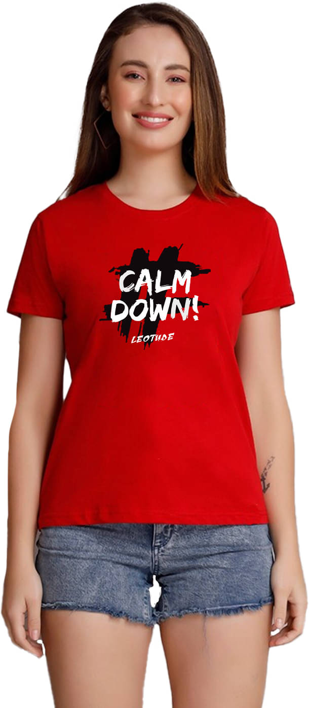     			Leotude Women Cotton Blend Printed Oversized Fit Round Neck T-Shirt ( Red )