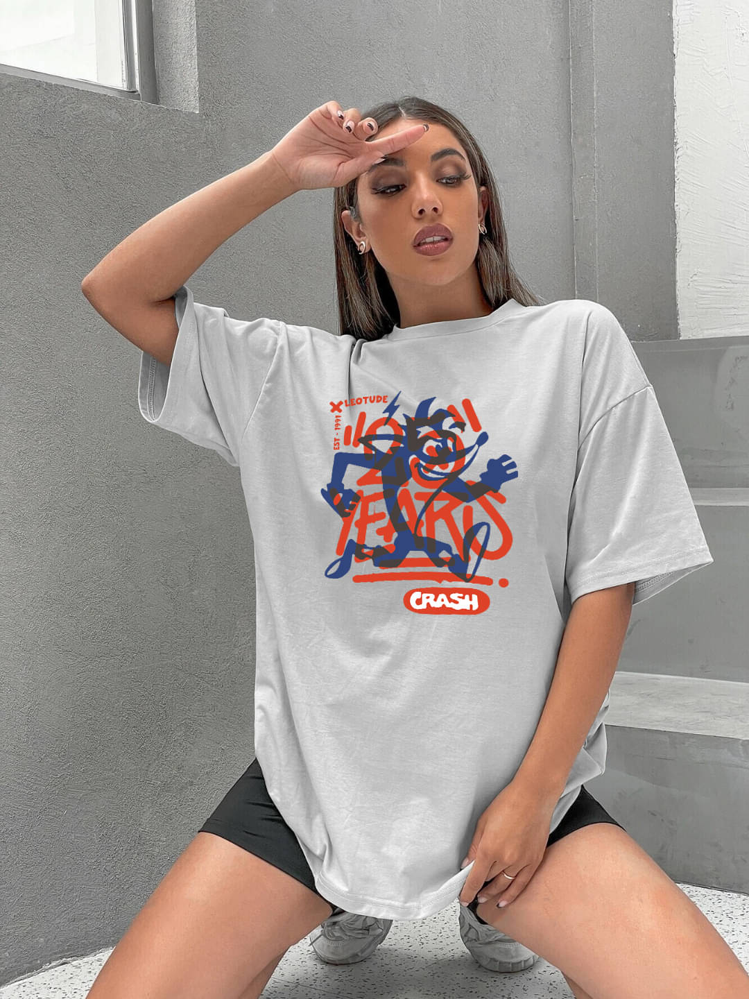 Leotude Women Cotton Blend Printed Oversized Fit Round Neck T-Shirt ( Grey )     			Leotude Women Cotton Blend Printed Oversized Fit Round Neck T-Shirt ( Grey )