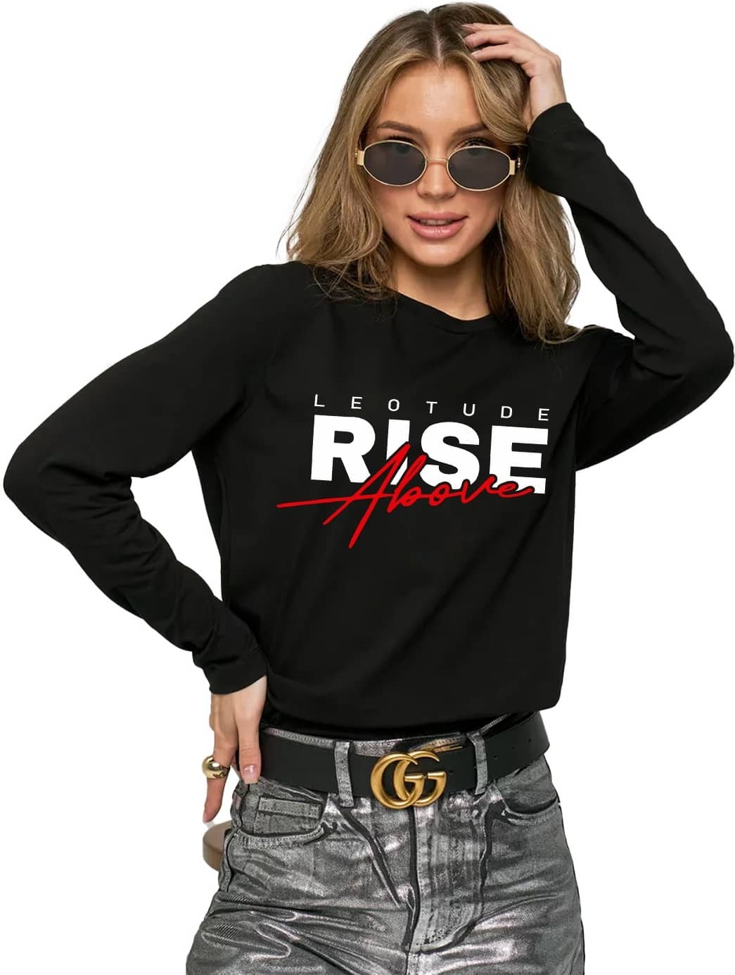 Leotude Women Cotton Blend Printed Oversized Fit Round Neck T-Shirt ( Black )