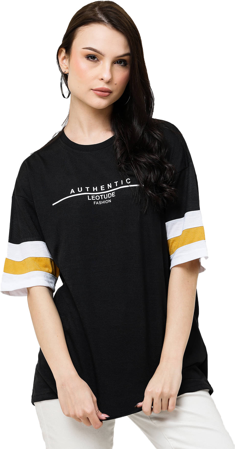 Leotude Women Cotton Blend Printed Oversized Fit Round Neck T-Shirt ( Black ) Leotude Women Cotton Blend Printed Oversized Fit Round Neck T-Shirt ( Black )