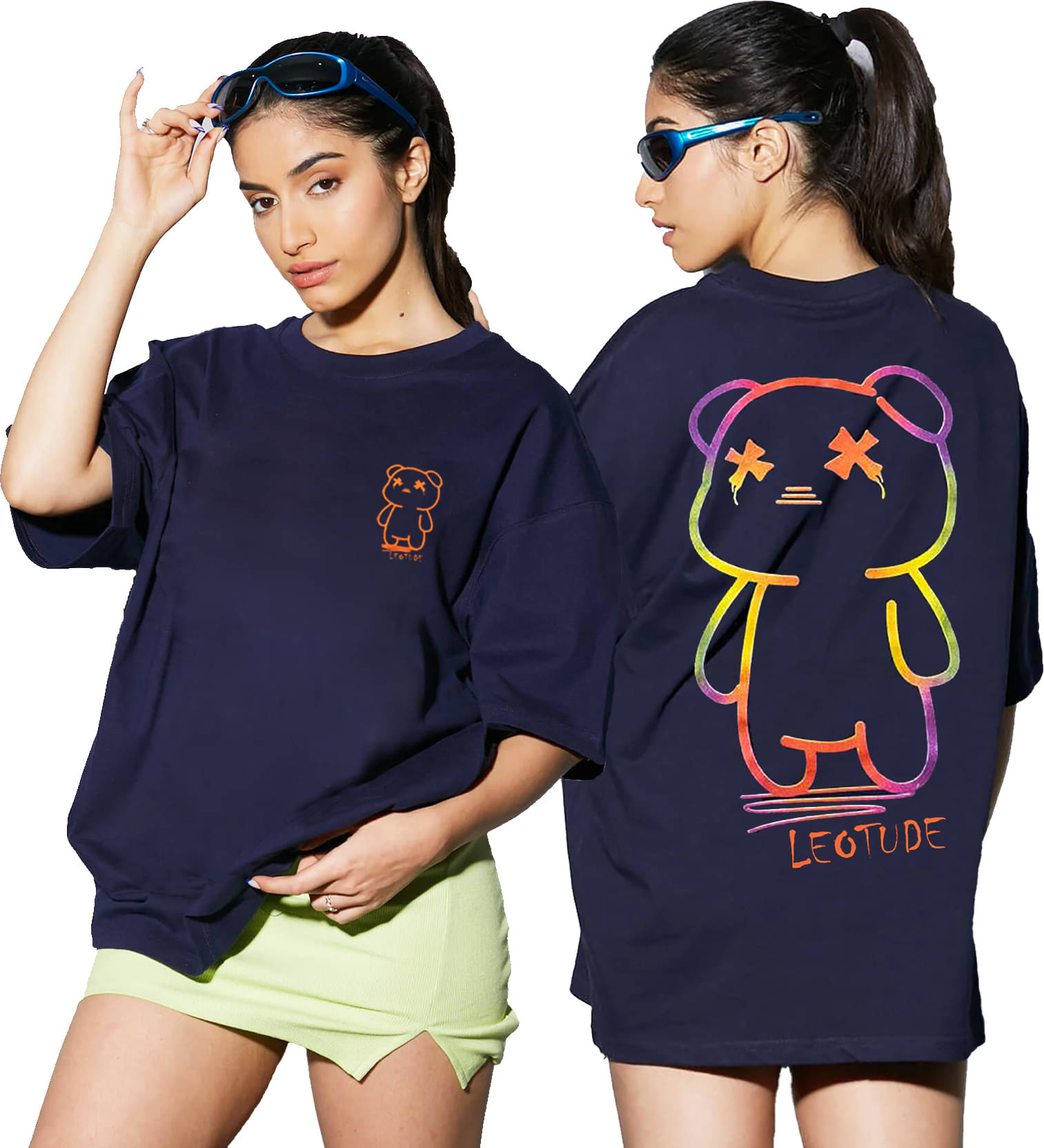     			Leotude Women Cotton Blend Printed Oversized Fit Round Neck T-Shirt ( Navy Blue )