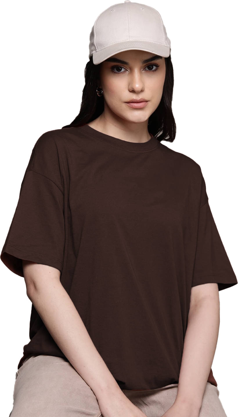     			Leotude Women Cotton Blend Solid Oversized Fit Round Neck T-Shirt ( Brown )