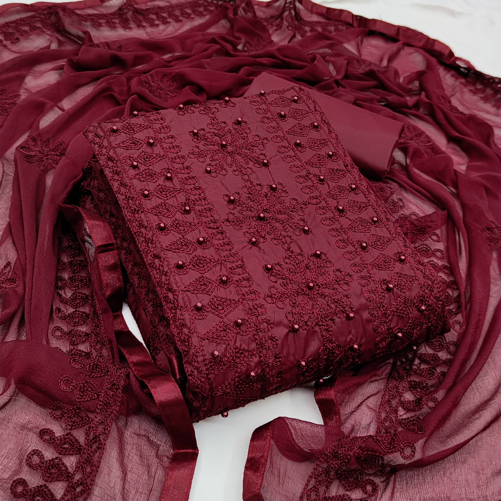     			MEHZEEL FAB Unstitched Cotton Blend Embroidered Dress Material - Maroon ( Pack of 1 )