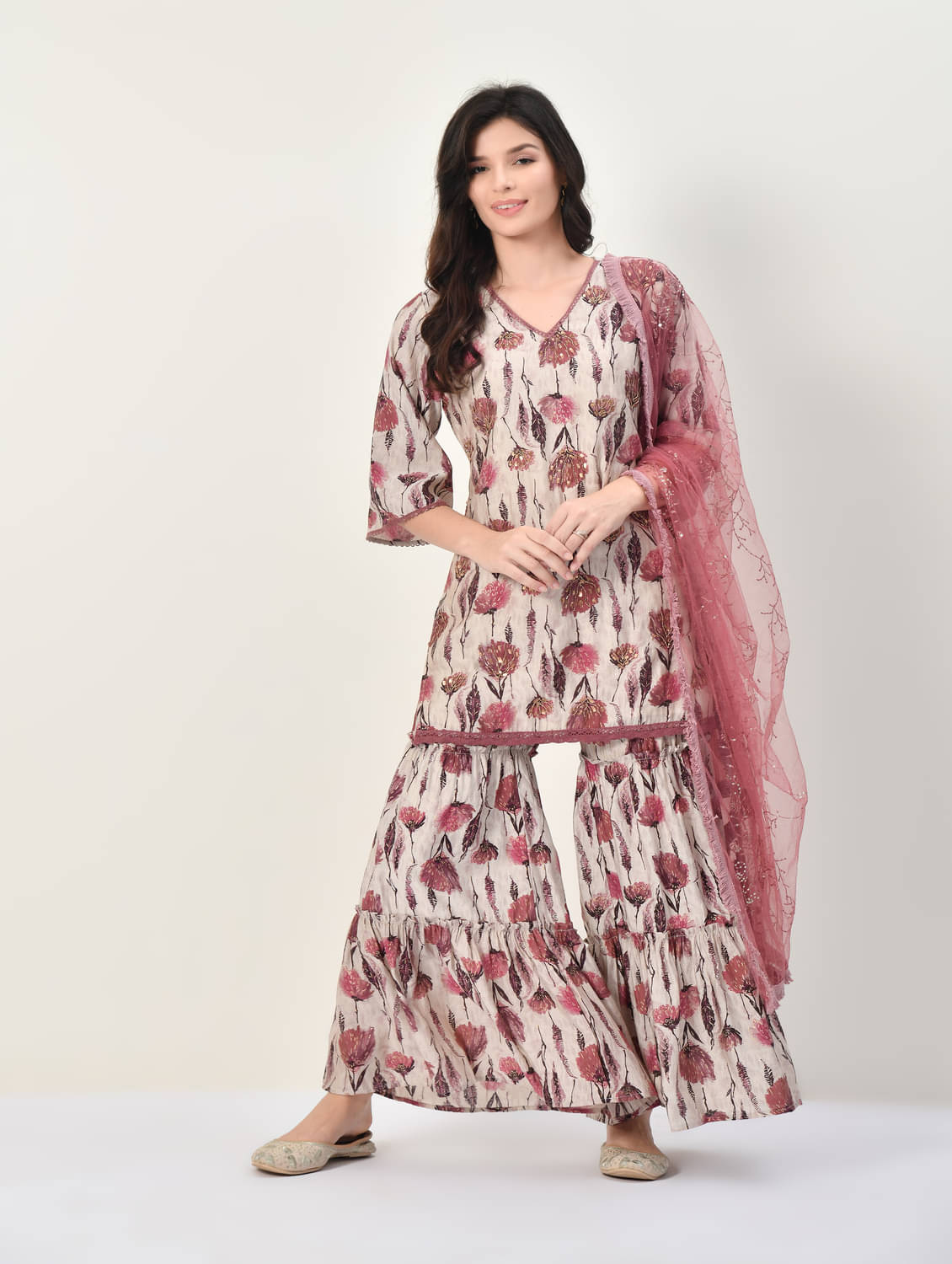 Neel & Ned Viscose Printed Kurti With Sharara And Gharara Women's Stitched Salwar Suit - Pink ( Pack of 1 )     			Neel & Ned Viscose Printed Kurti With Sharara And Gharara Women's Stitched Salwar Suit - Pink ( Pack of 1 )