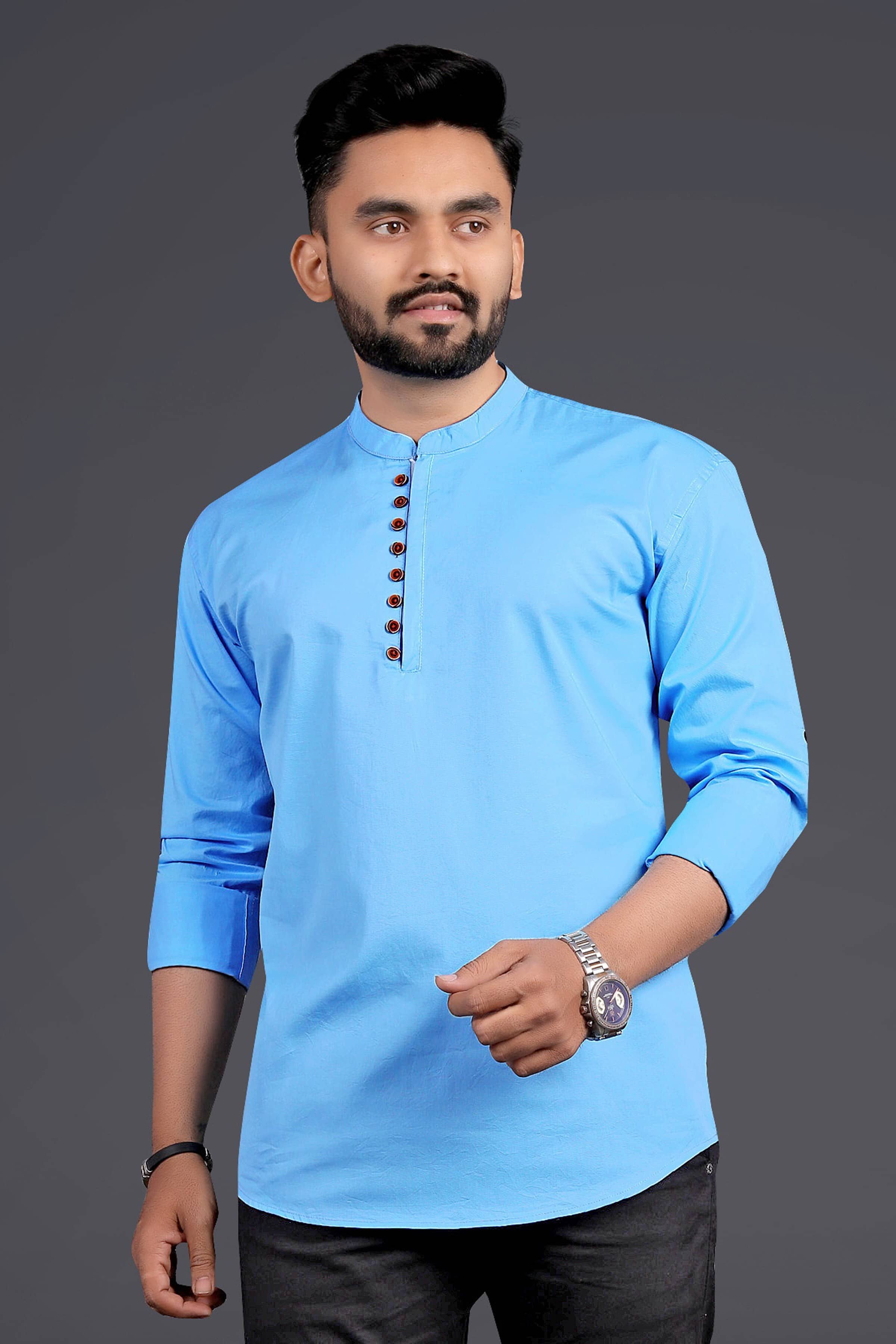 Nofilter Cotton Blend Plain Regular Kurta For Men ( Light Blue ) - Kurtas & Kurta Sets | Buy online on ZillyBuy