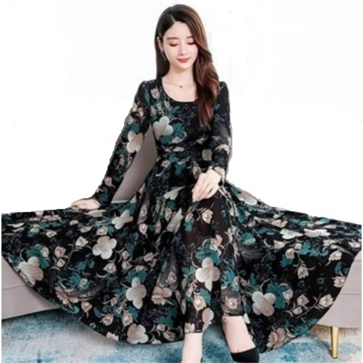 RAABTA FASHIION Women Crepe Printed Fit & Flare Dress ( Black ) RAABTA FASHIION Women Crepe Printed Fit & Flare Dress ( Black )