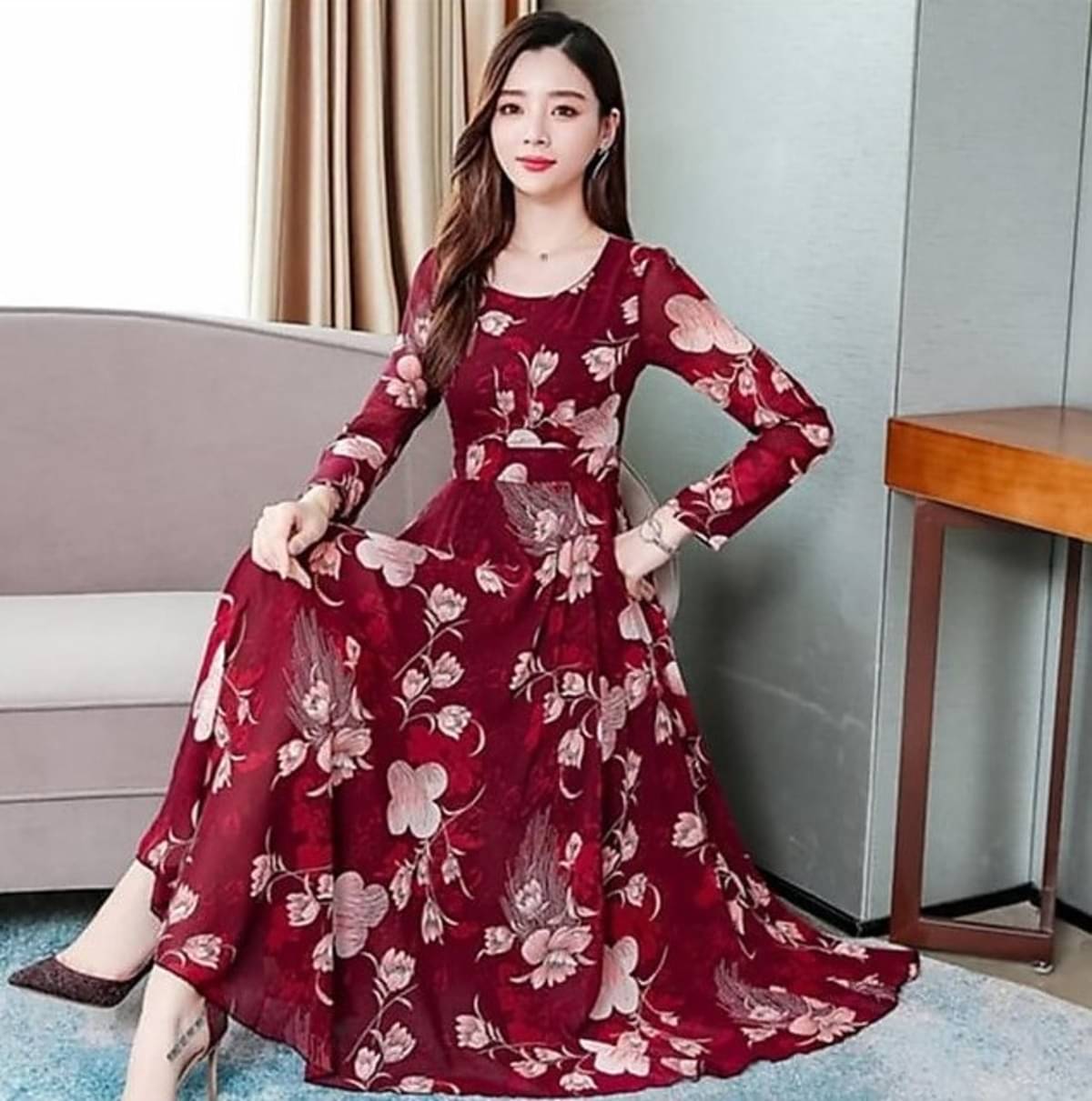     			RAABTA FASHIION Women Crepe Printed Fit & Flare Dress ( Maroon )