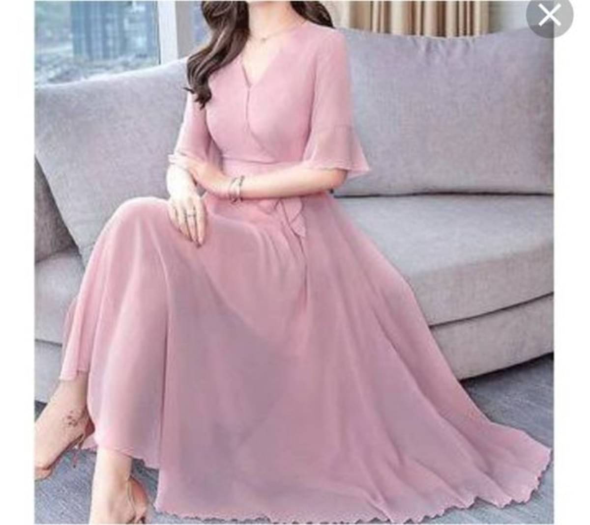 RAABTA FASHIION Women Georgette Solid Fit & Flare Dress ( Peach ) RAABTA FASHIION Women Georgette Solid Fit & Flare Dress ( Peach )
