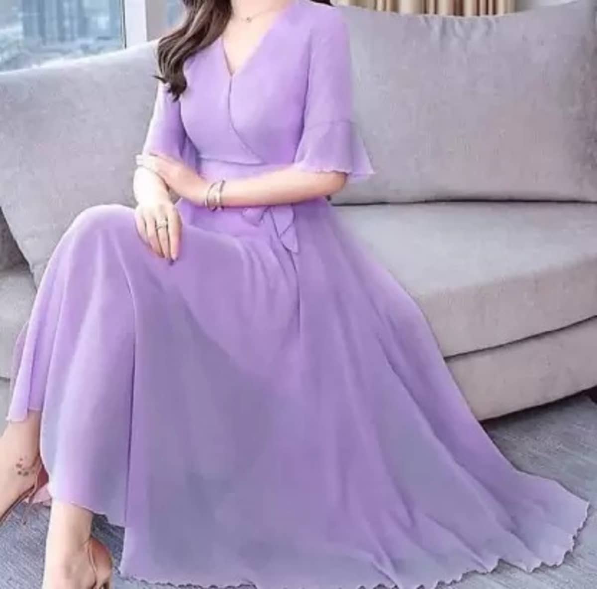 RAABTA FASHIION Women Georgette Solid Fit & Flare Dress ( Lavender )