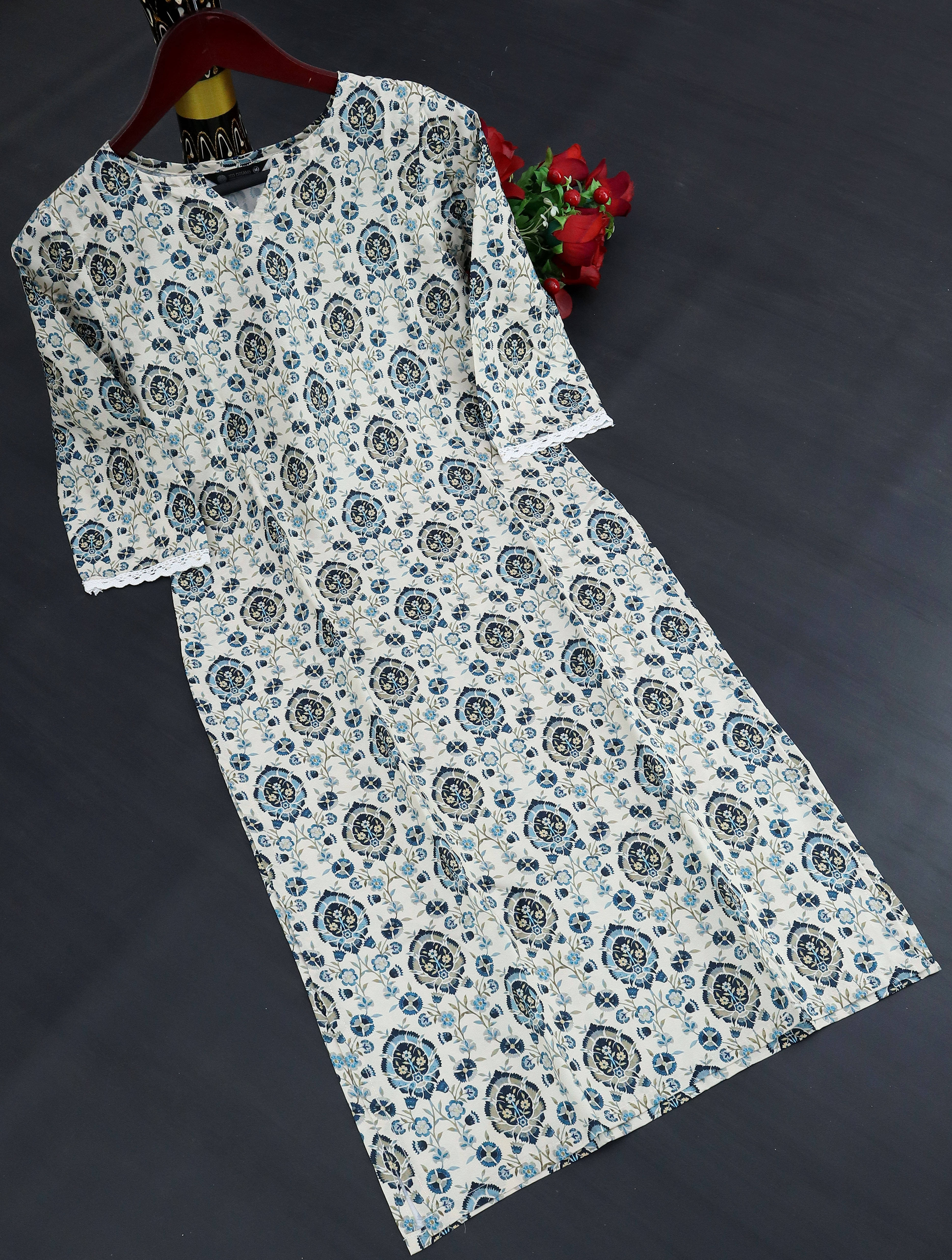 RekhaManiyar Pack of 1 Crepe Printed Straight Women's Kurti - ( Blue )     			RekhaManiyar Pack of 1 Crepe Printed Straight Women's Kurti - ( Blue )