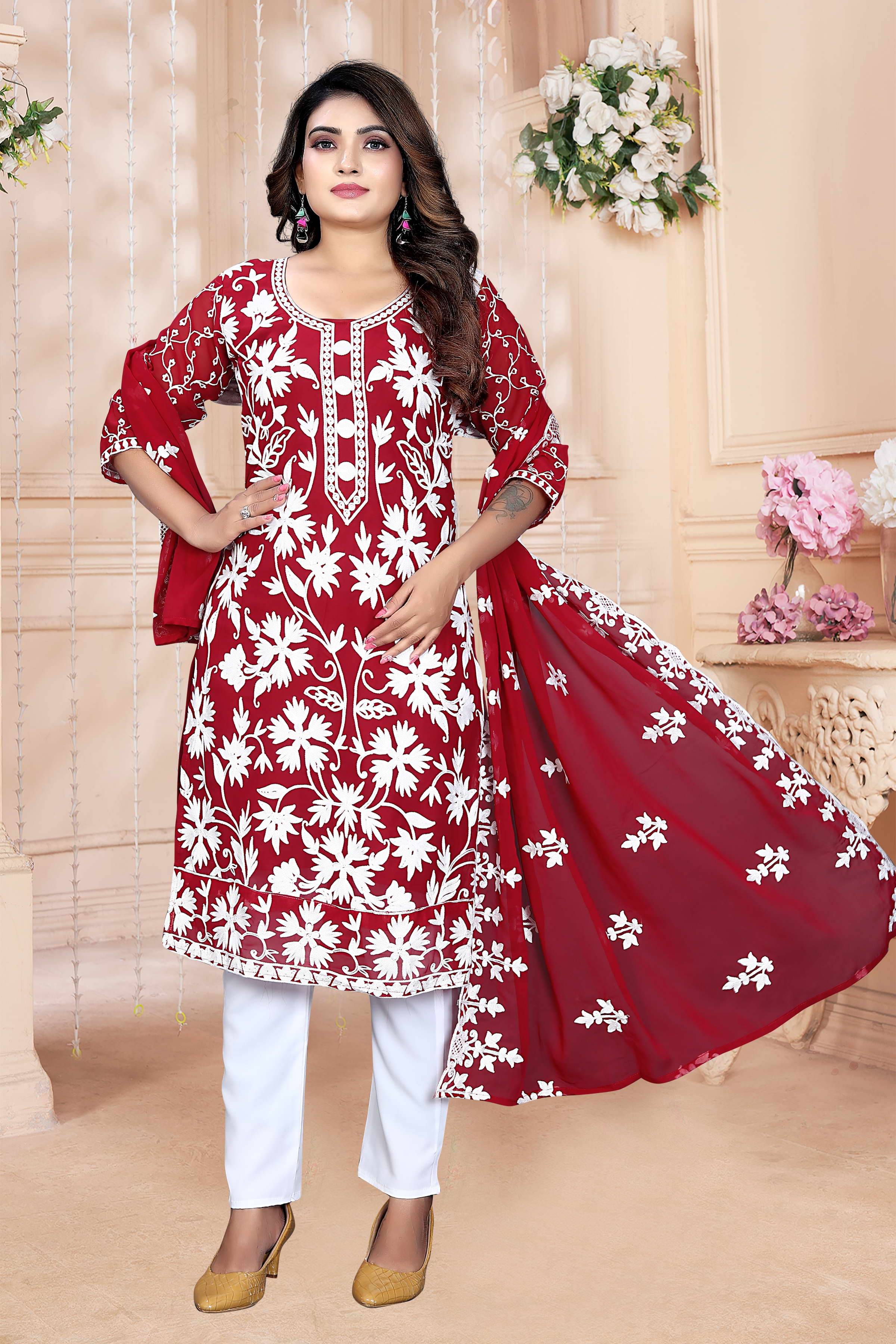 Shree Ganesh Creation Georgette Embroidered Kurti With Pants Women's Stitched Salwar Suit - Red ( Pack of 1 ) Shree Ganesh Creation Georgette Embroidered Kurti With Pants Women's Stitched Salwar Suit - Red ( Pack of 1 )