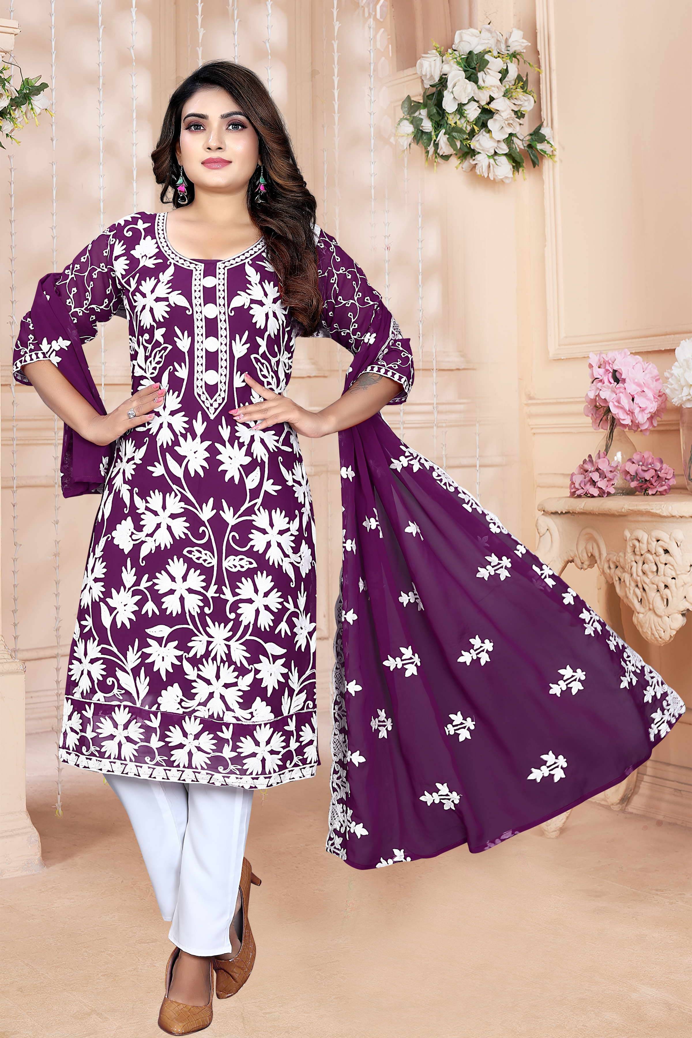 Shree Ganesh Creation Georgette Embroidered Kurti With Pants Women's Stitched Salwar Suit - Purple ( Pack of 1 ) Shree Ganesh Creation Georgette Embroidered Kurti With Pants Women's Stitched Salwar Suit - Purple ( Pack of 1 )