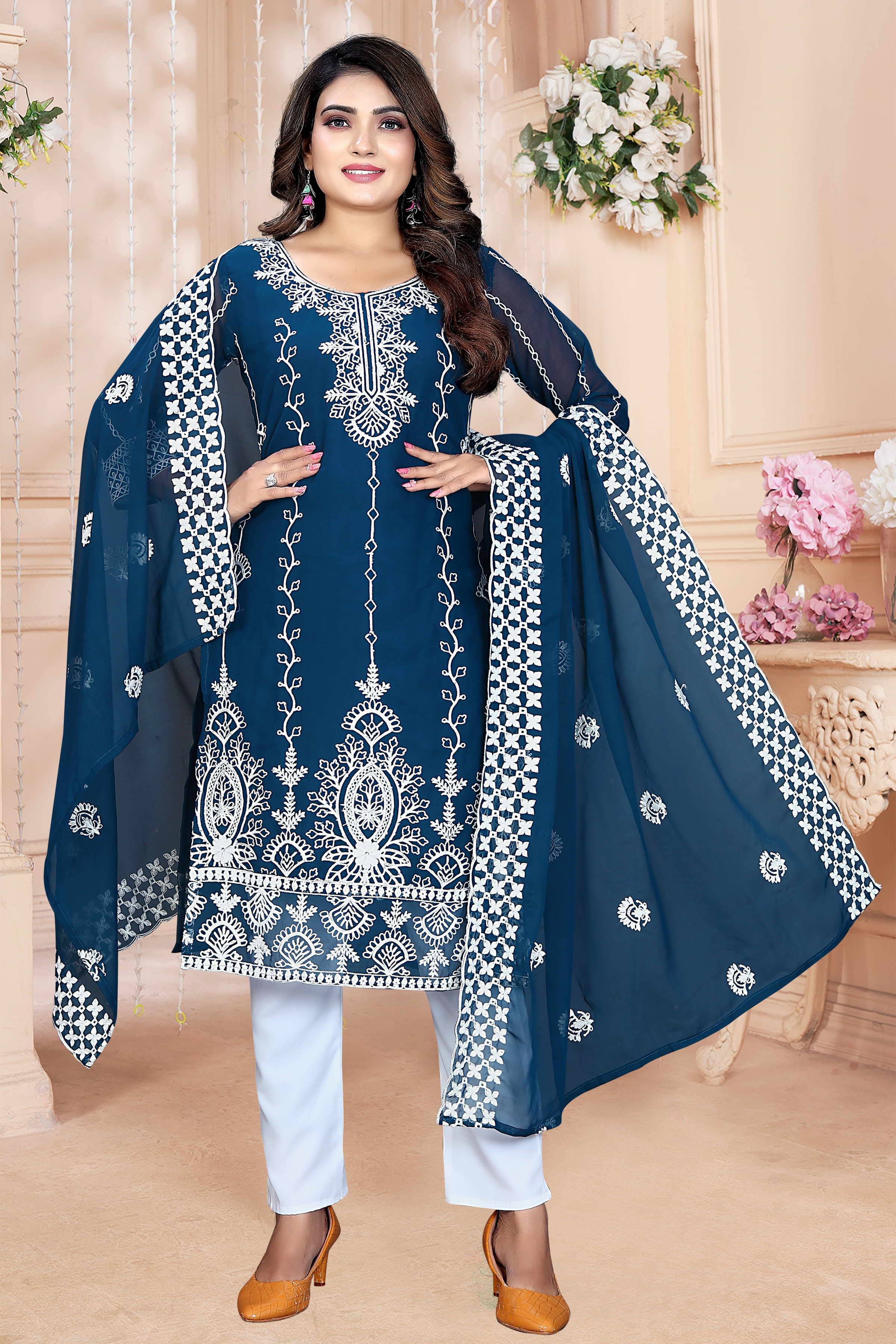 Shree Ganesh Creation Georgette Embroidered Kurti With Pants Women's Stitched Salwar Suit - Aqua Blue ( Pack of 1 ) Shree Ganesh Creation Georgette Embroidered Kurti With Pants Women's Stitched Salwar Suit - Aqua Blue ( Pack of 1 )