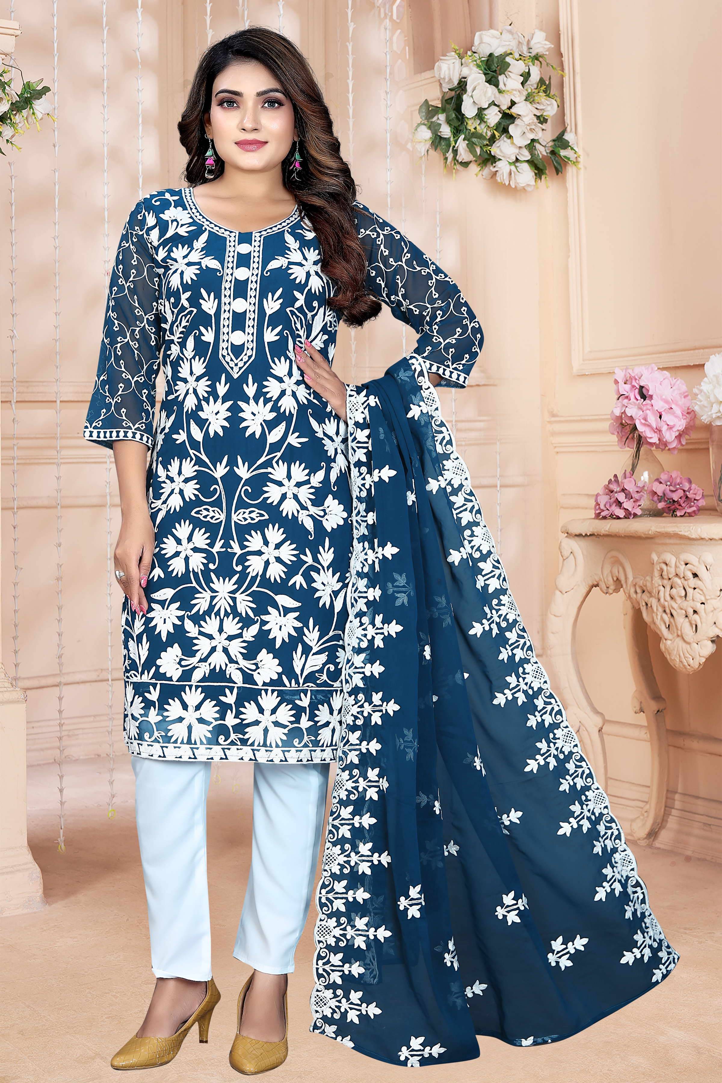 Shree Ganesh Creation Georgette Embroidered Kurti With Pants Women's Stitched Salwar Suit - Aqua Blue ( Pack of 1 ) Shree Ganesh Creation Georgette Embroidered Kurti With Pants Women's Stitched Salwar Suit - Aqua Blue ( Pack of 1 )