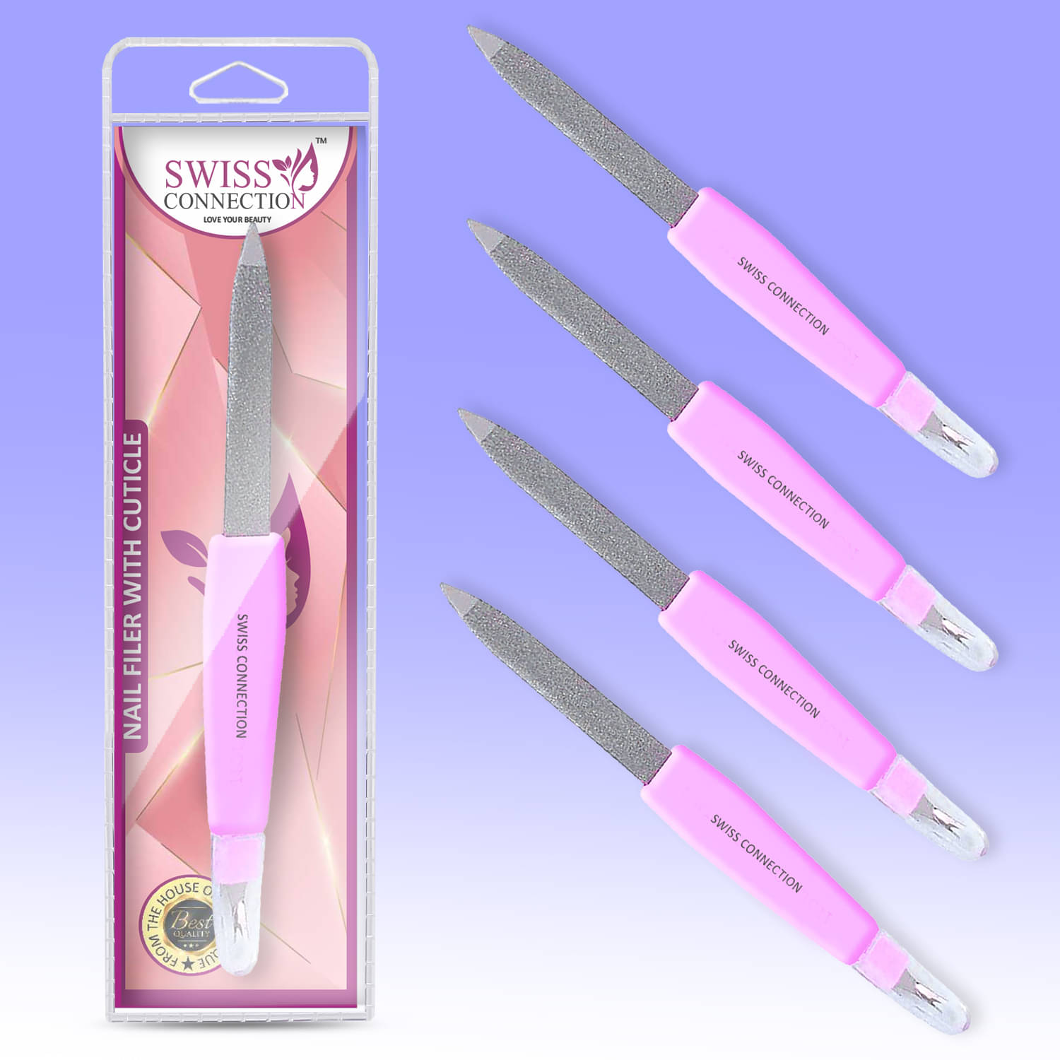     			Swiss Connection 2 in 1 Metal Nail Filer, Manicure Tool With Cuticle Remove - Designed to Achieve Strong, Elegant, and Healthy Nails, Durable Stainless Steel - Silver for Women and Men multicolor (Pack of 4)