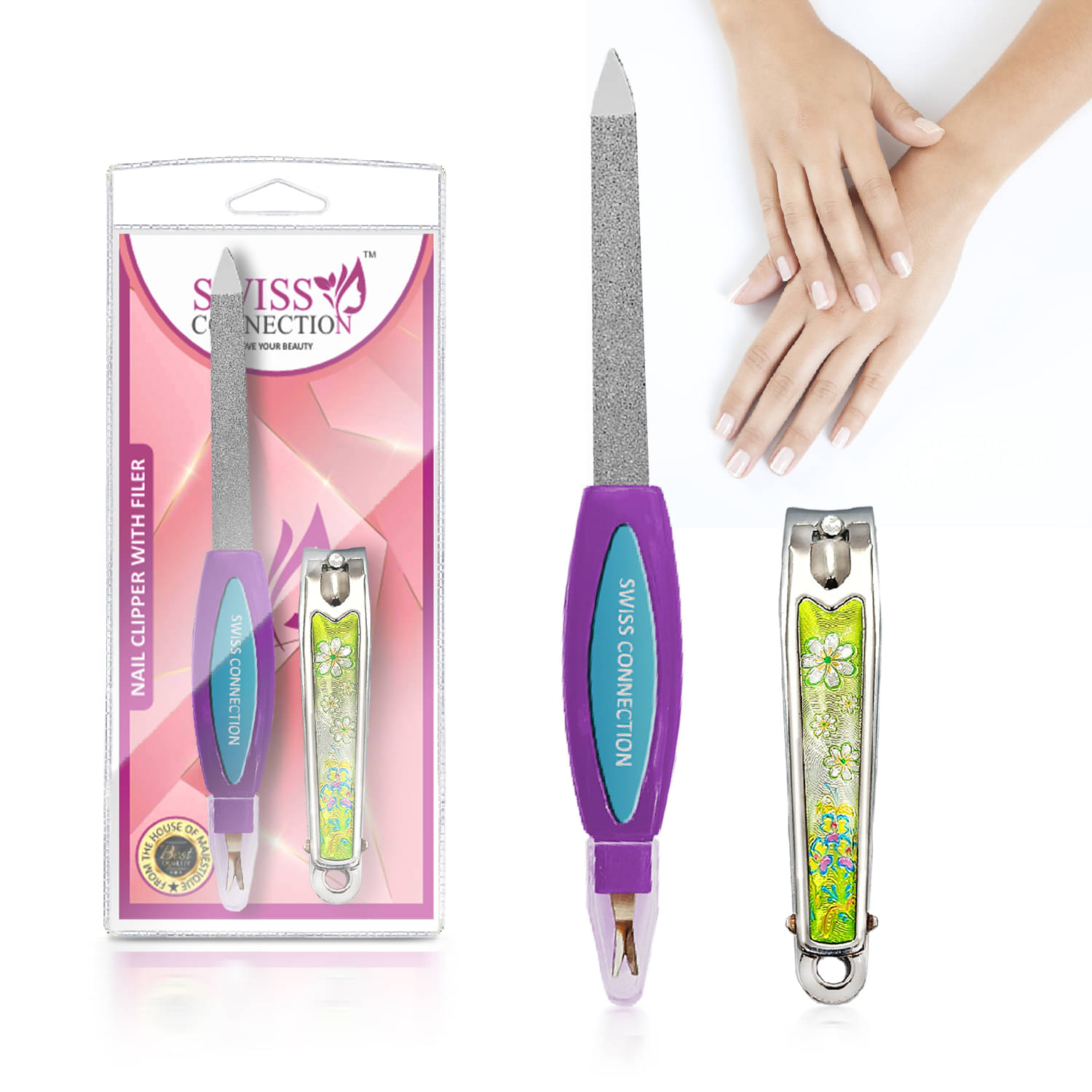     			Swiss Connection Nail Clipper Set – Stainless Steel Fingernails & Nail File Sharp Nail Cutter,  Blade & Foldaway Nail File for Grooming, Easy to Use Nail Care Tools (Multicolor)( Unit-4)(Pack of 2)