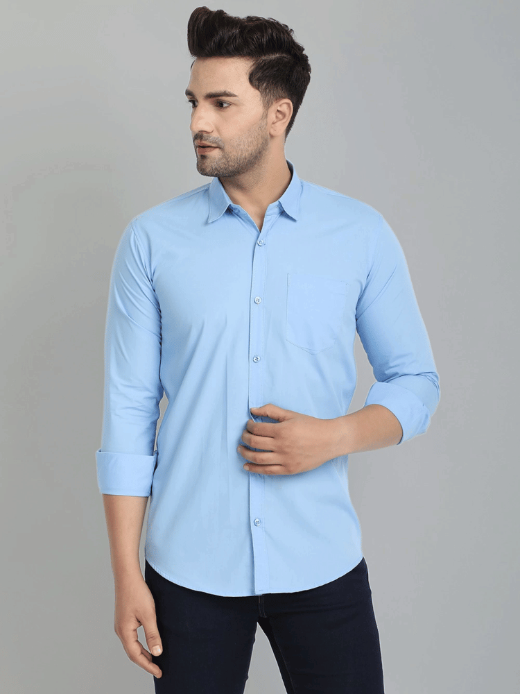 VERTUSY Cotton Blend Regular Fit Solids Full Sleeves Men's Casual Shirt - Light Blue ( Pack of 1 )     			VERTUSY Cotton Blend Regular Fit Solids Full Sleeves Men's Casual Shirt - Light Blue ( Pack of 1 )