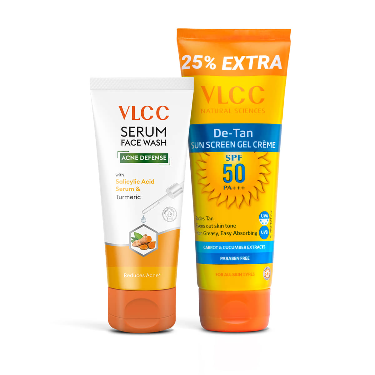 VLCC Salicylic Acid & Turmeric Face Wash 100g + De Tan SPF 50 Sunscreen 100g | Acne Control & Protection