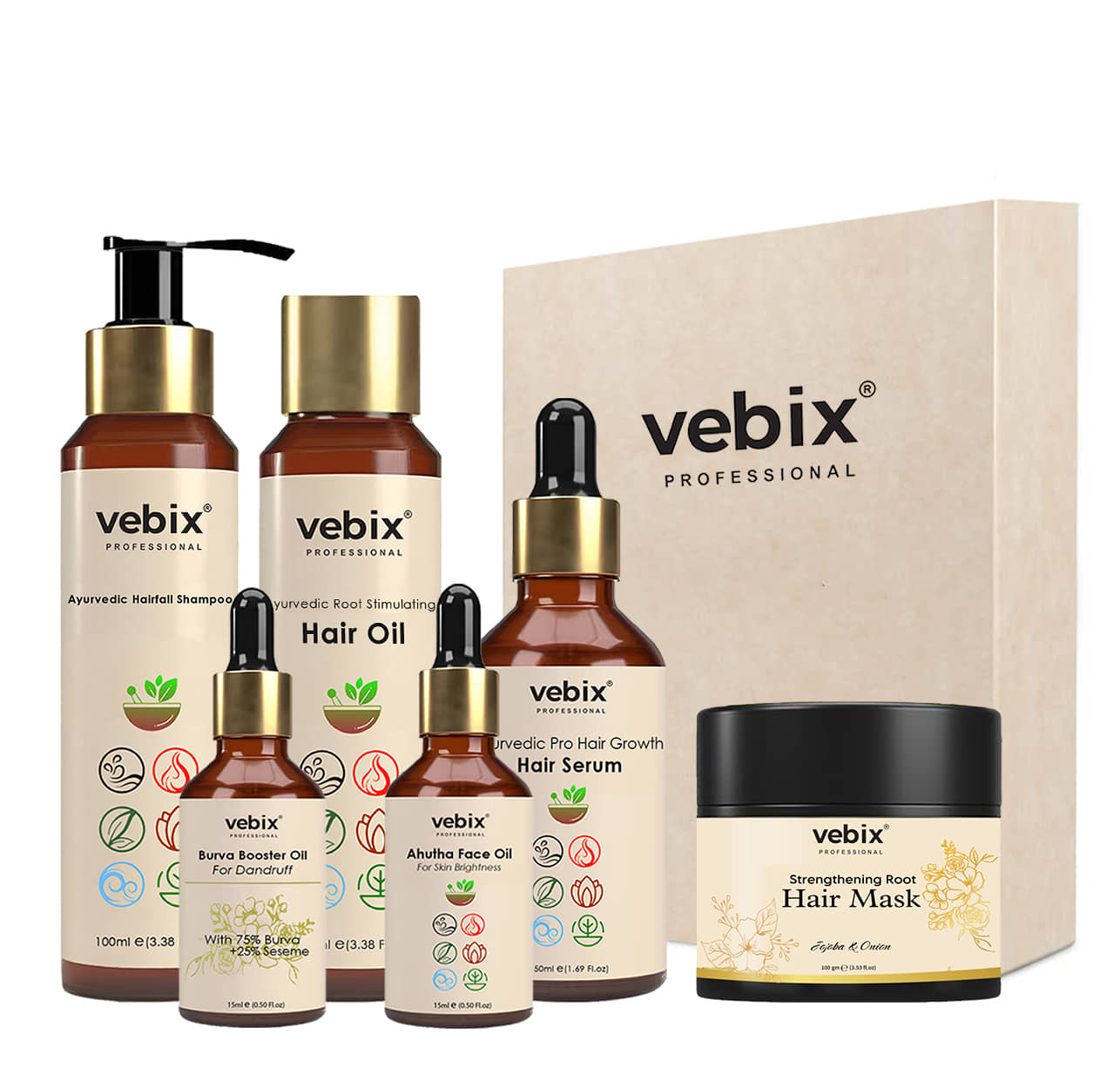VebixProfessional Customized Regimen -Full Kit- Lotus AntiHairfall Shampoo & Neem Oil + Hair Glow Serum + Onion Hair Mask + Hair Booster Serum & Kumkuma Face Brightening Serum